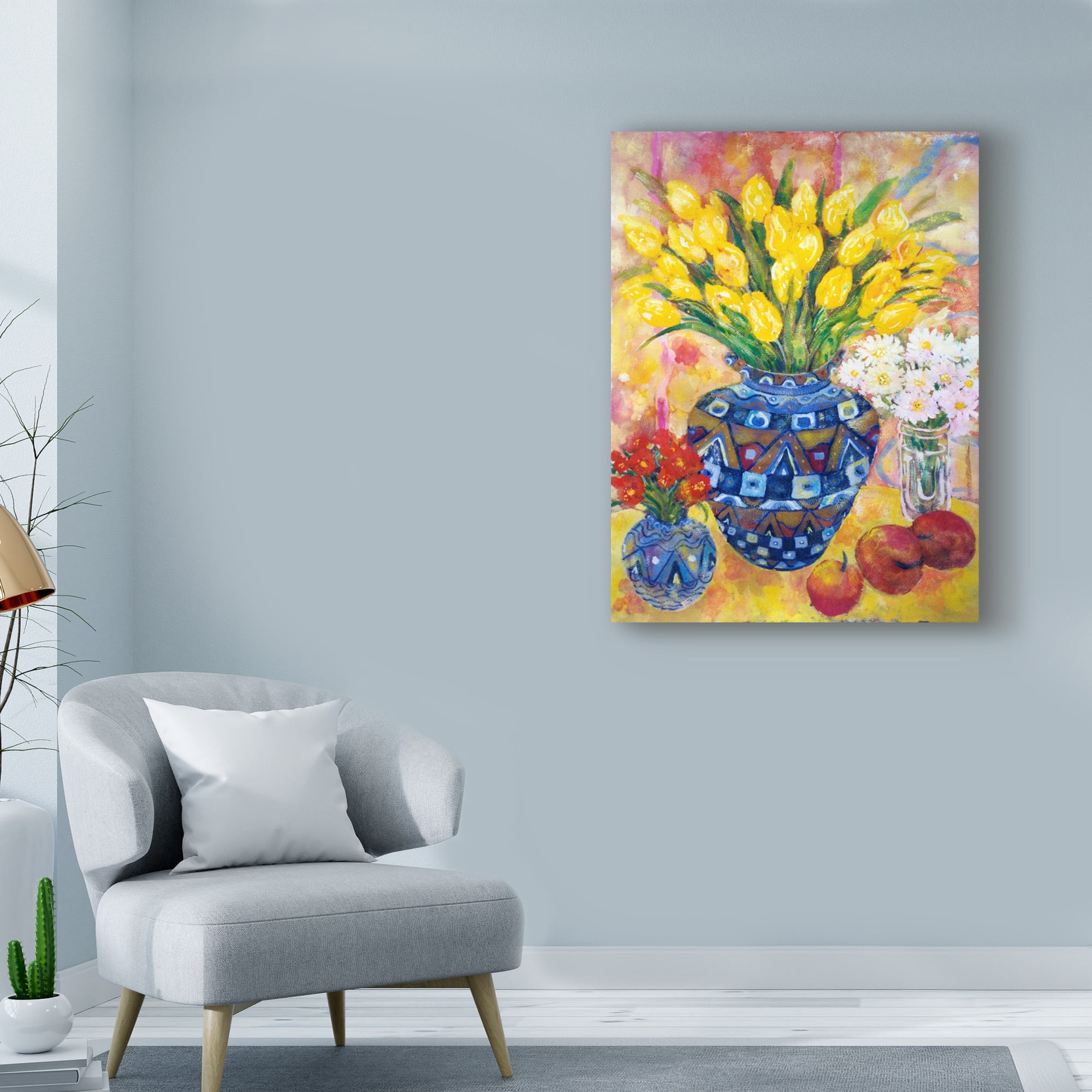Trademark Fine Art 'Yellow Tulips In A Blue Pot' Canvas Art by Lorraine Platt
