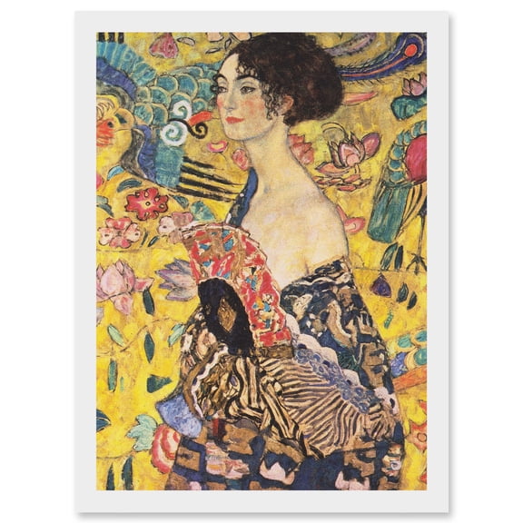 Gustav Klimt Lady With Fan Painting Artwork Framed Wall Art Print A4