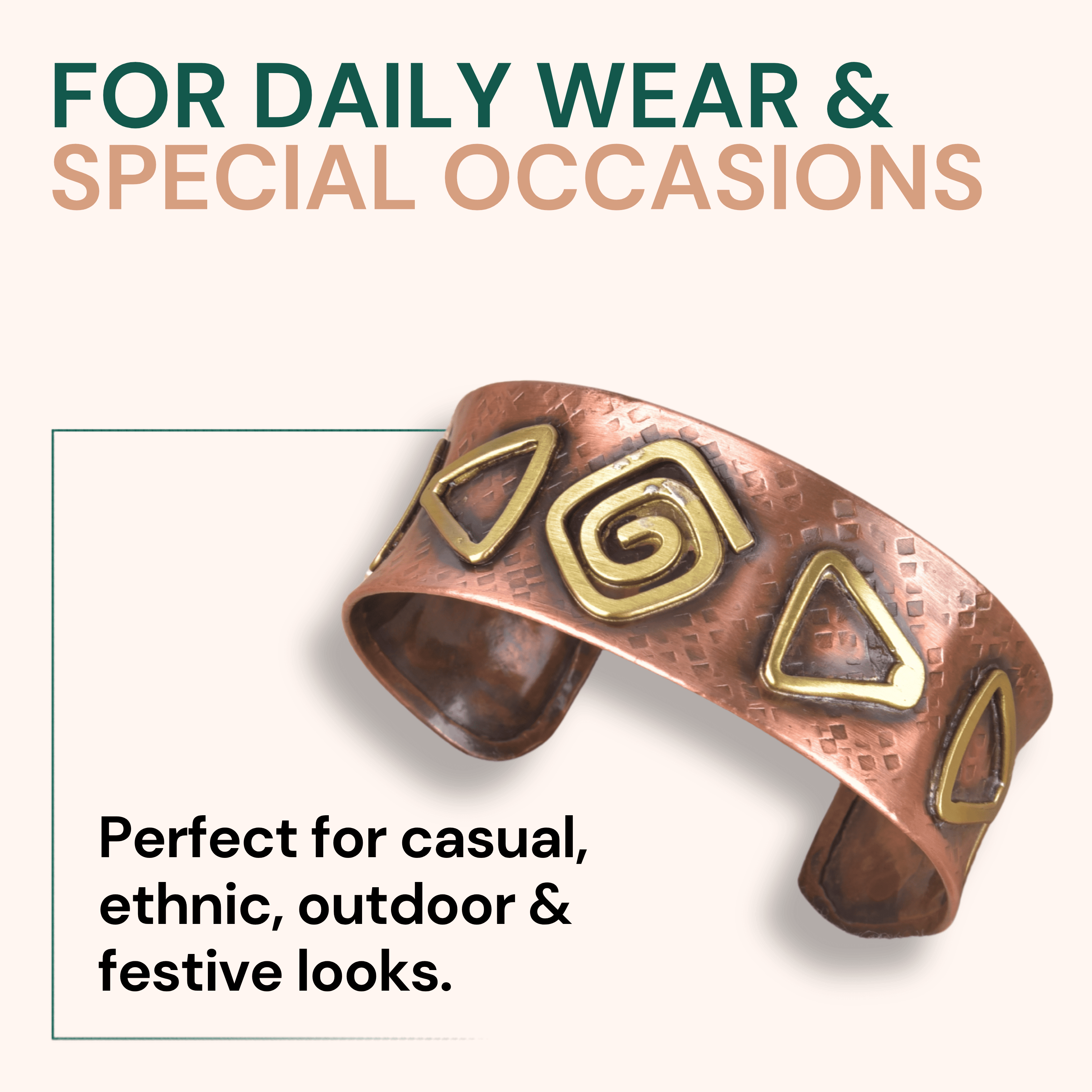 Vivanta Copper Bracelet for Men & Women – Handmade Copper Cuff Bracelet Jewelry with Brass Geometric Inlays, Adjustable Open Cuff, Tribal Spiral & Triangle Vintage Style Rustic Hammered Artisan Gift