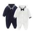 thumbnail image 4 of Mercatoo Toddler Baby Boys Girls Navy Clothes Set Long Sleeved Bow Lapel Romper for 1 to 16 Months Cute Fall Winter Outfit, 4 of 6