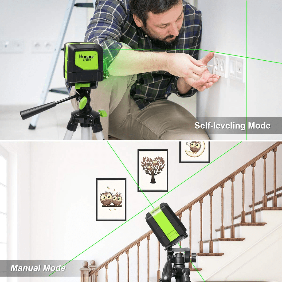 Huepar Cross Line Laser Level Green Beam Self-Leveling Laser Level Tools for Home DIY Picture Hanging with 360° Magnetic Pivoting Base
