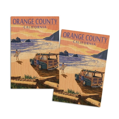 

Orange County California Woody on Beach (4x6 Birch Wood Postcards 2-Pack Stationary Rustic Home Wall Decor)