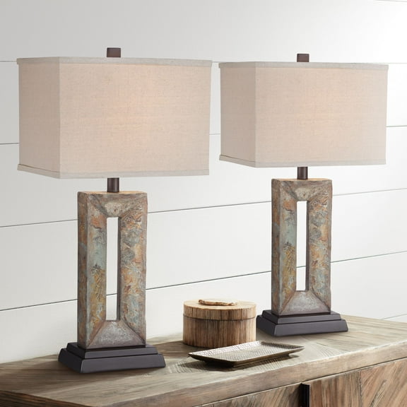 Franklin Iron Works Rustic Table Lamps 26" High Set of 2 Natural Stale Open Rectangular Box Shade for Living Room Bedroom Home (Colors May Vary)