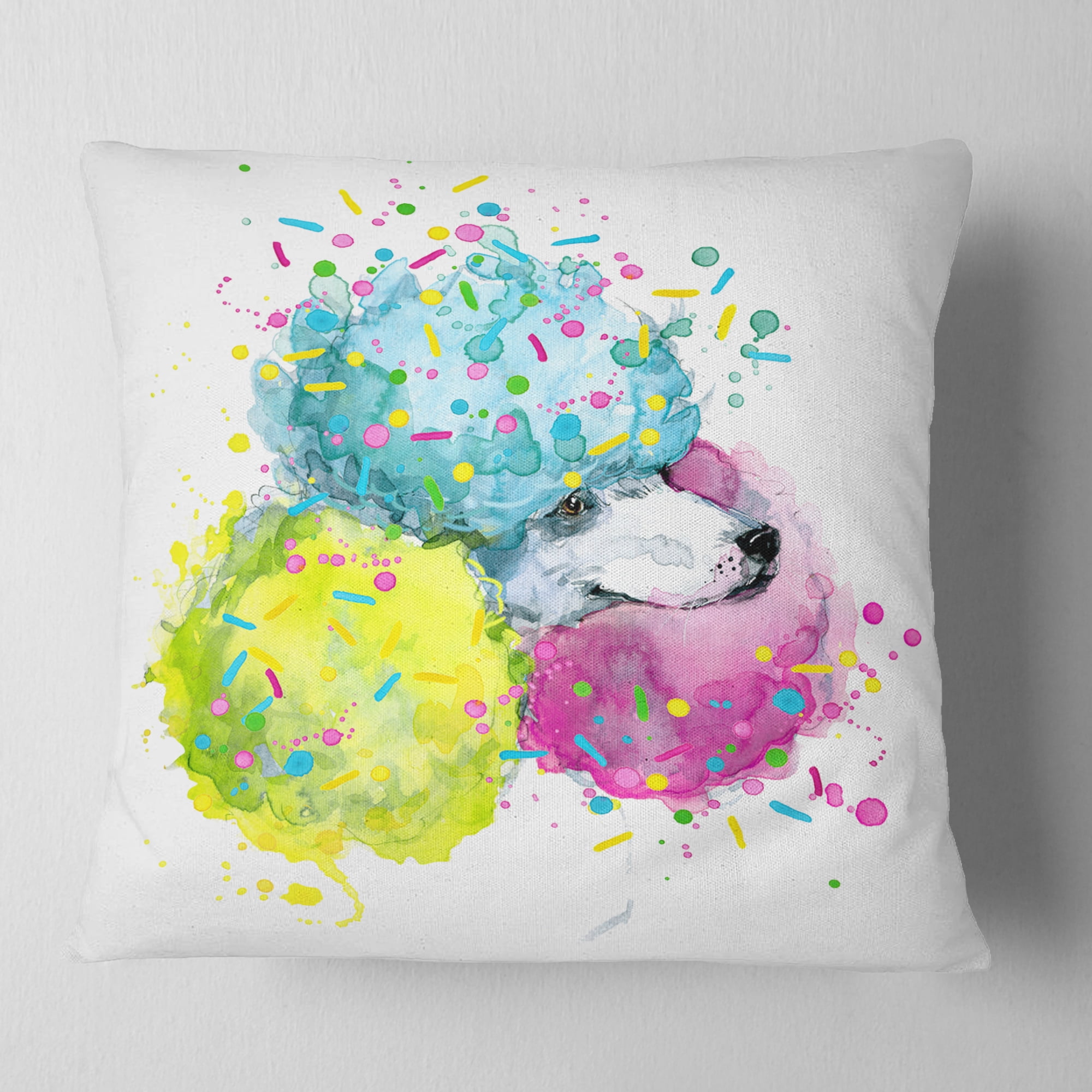 Designart Cute White Dog with Color Spheres - Contemporary Animal Throw Pillow - 16x16