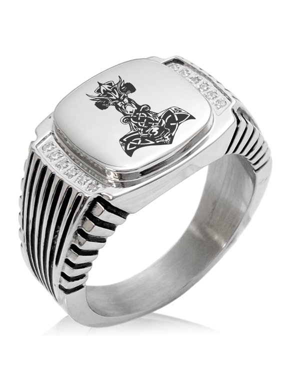 Stainless Steel Asgard Mjolnir Thor's Hammer Viking Norse CZ Ribbed Needle Stripe Pattern Biker Style Polished Ring