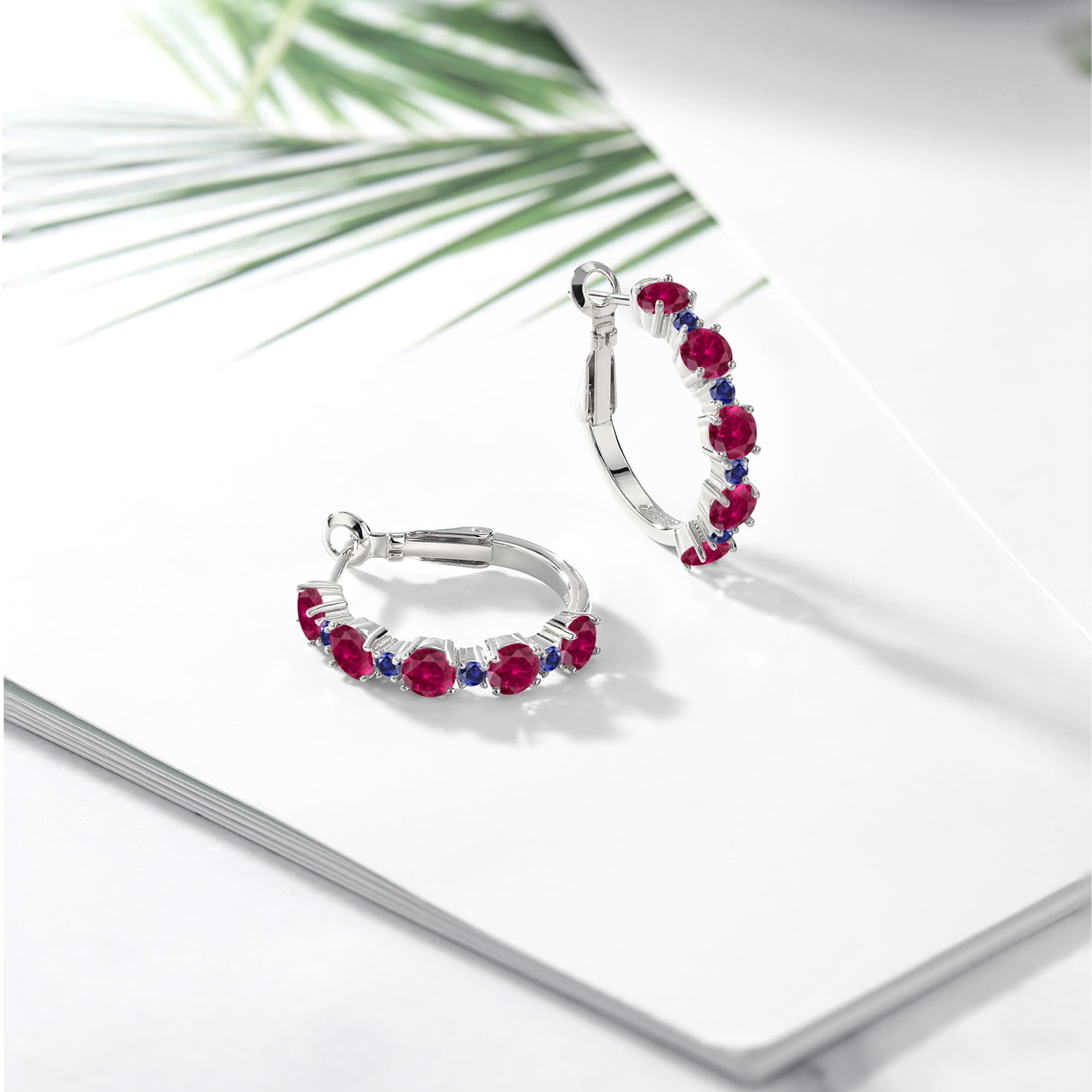 Gem Stone King 925 Sterling Silver Red Created Ruby and Blue Created Sapphire Hoop Earrings for Women (2.86 Cttw, Round 4MM and 1.9MM, Gemstone Birthstone 1 inch Diameter)