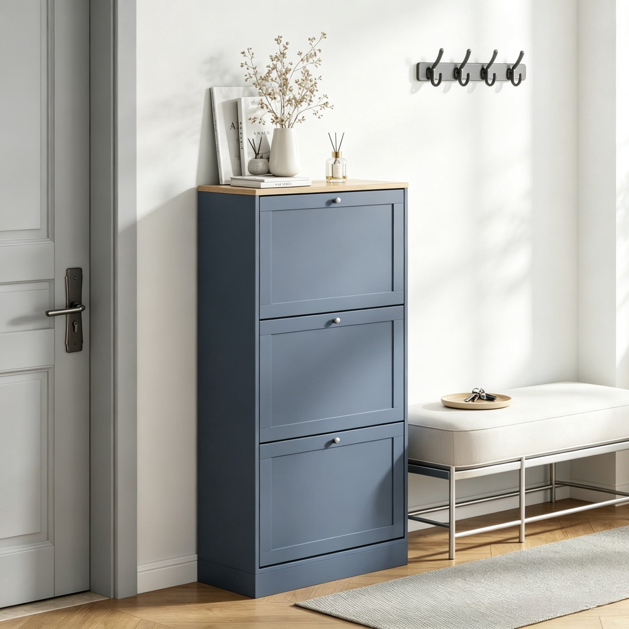 Modern Shoe Storage Cabinet, Entryway Shoe Organizer with 3 Flip Drawers & Adjustable Shelves, Space-Saving Shoe Rack Holds 12-18 Pairs, Hallway & Foyer, Blue