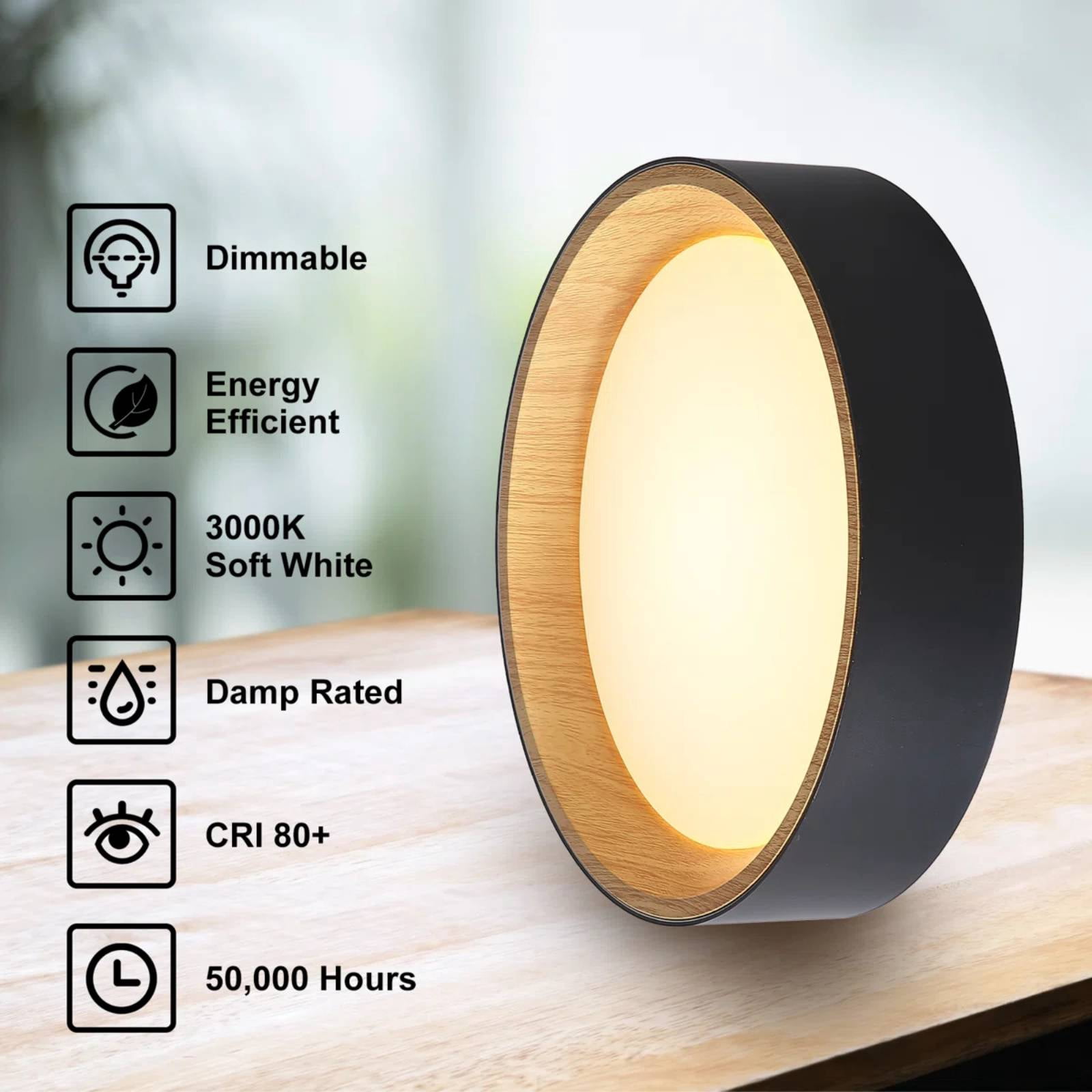 Modern Wood Grain LED Flush Mount Ceiling Light, Dimmable 3CCT 3000K-5000K, 25W 1000LM