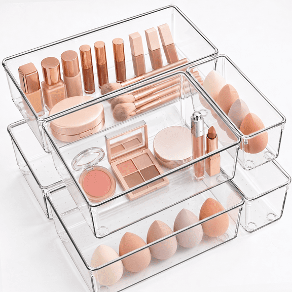 Criusia Extra Large Clear Plastic Stackable Organizer Bins, 6 PCS Stackable Storage Bins for Makeup, Vanity, Bathroom, Kitchen and Office