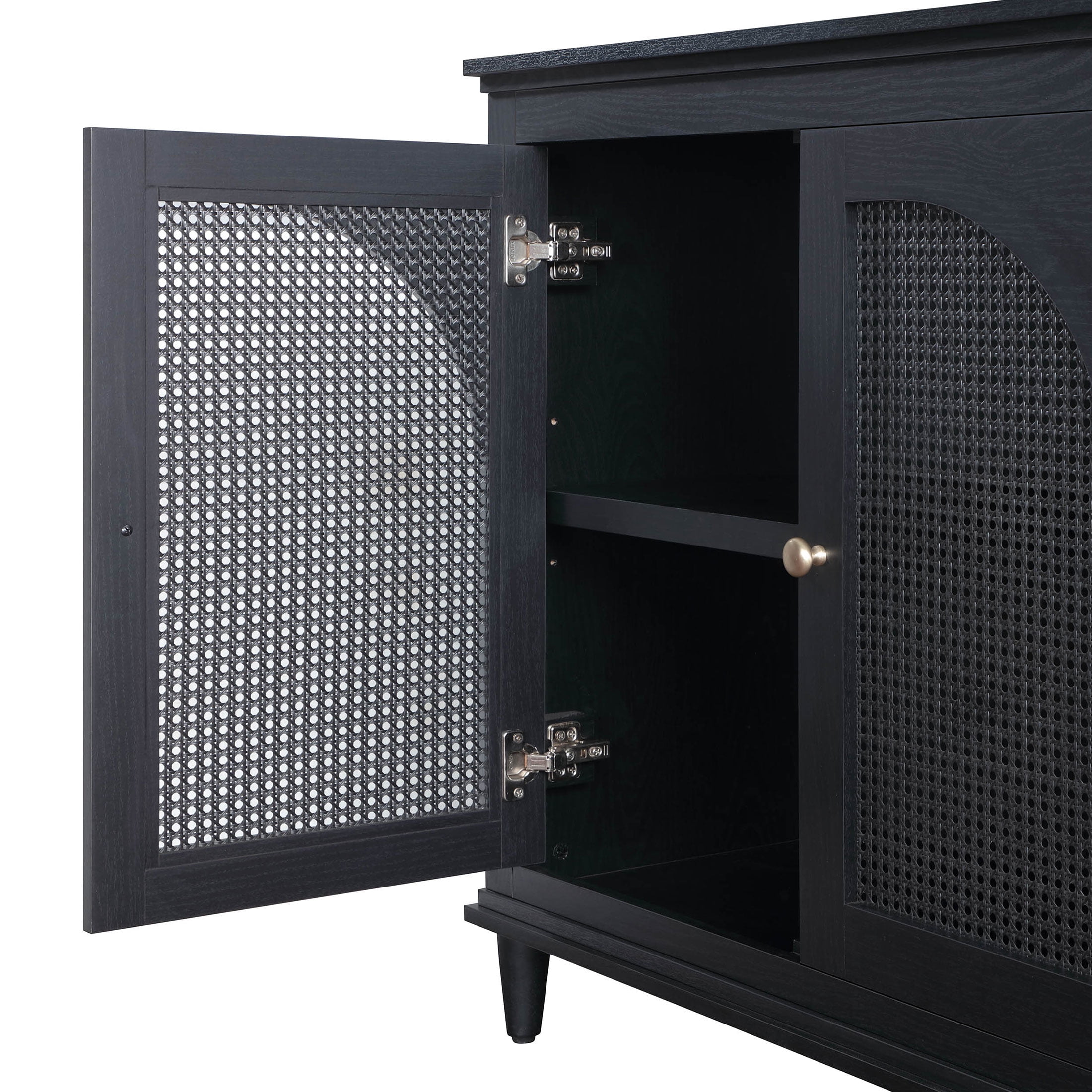 Beautiful Drew Rattan 4-Door Buffet Sideboard by Drew Barrymore, 2 Adjustable Shelves, Black Finish
