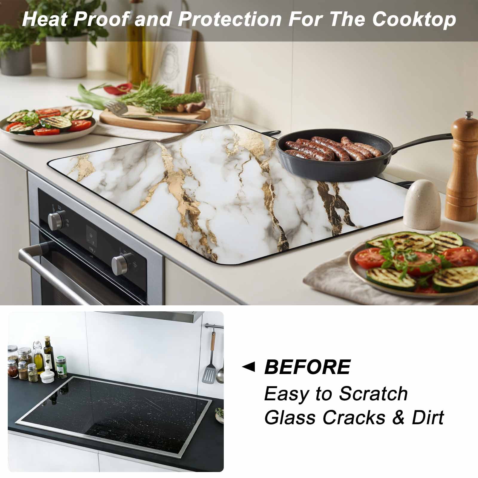 Marble Grey White Stove Top Cover for Electric Stove, Heat-proof & Non Slip Glass Top Stove Cover Protector, Abstract Cracked Crystal Gold Lines Kitchen Flat Cooktop Rubber Mat 24x21 Inches