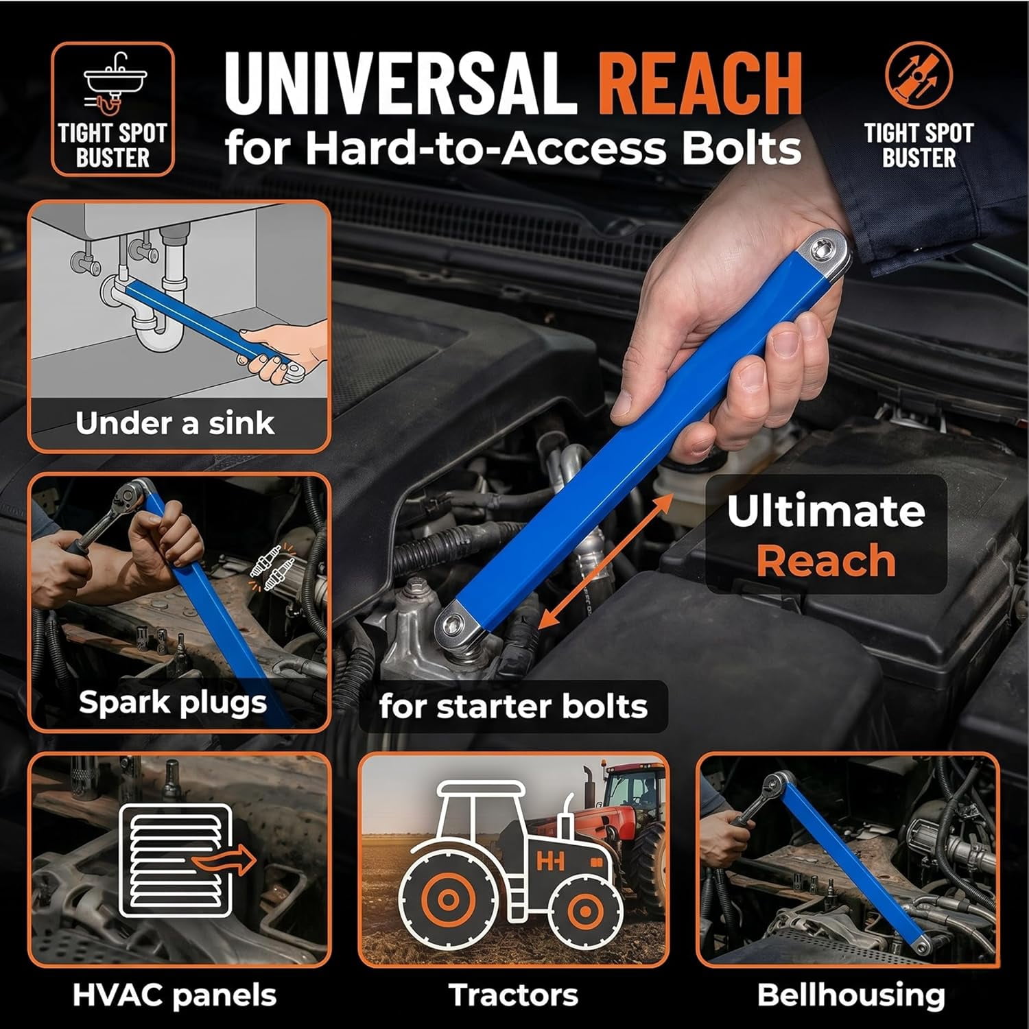Bolthero Offset Extension Wrench, 15.4" Zero-Degree Chain-Drive Extender, 0.8" Ultra-Thin Profile, 4 Adapters 1/4" 3/8" 1/2" Drive, 53 Ft/Lb Impact Ready For Automotive Tight Space Repai