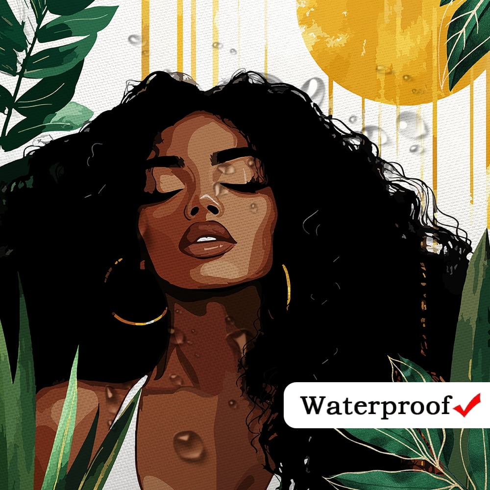 African American Woman Shower Curtain, Sexy Black Girl Lady Bathroom Shower Curtain, Boho Minimalist Art Green Tropical Plant Leaves Modern Bathroom Curtain Set Accessories Decor with Hooks