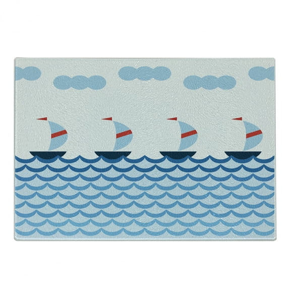 Sailing Cutting Board, Continuous Sailboats on Waves Open Sea Doodle, Decorative Tempered Glass Cutting and Serving Board, in 3 Sizes, by Ambesonne