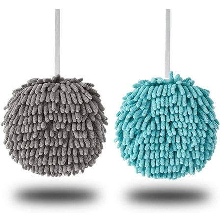 

Hand Towels for Bathroom Decorative Set 2-pack Grey & White Chenille Fluffy Decorative Little Towel Ball Quick Dry Hanging Microfiber Absorbent Soft Towels with Loop For Kitchen Powder Room.