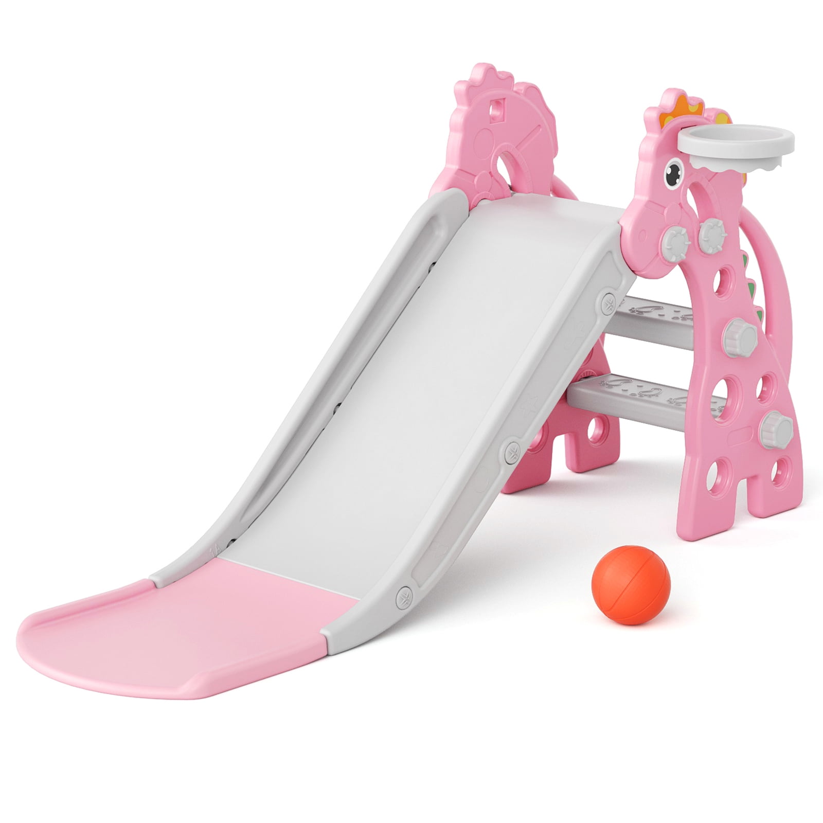 KORIMEFA Toddler Slide Indoor Slide for Toddlers Age 1-3 Kids Indoor Outdoor Slide Baby Plastic Play Slide with Basketball Hoop and Ball Foldable Slide, Pink