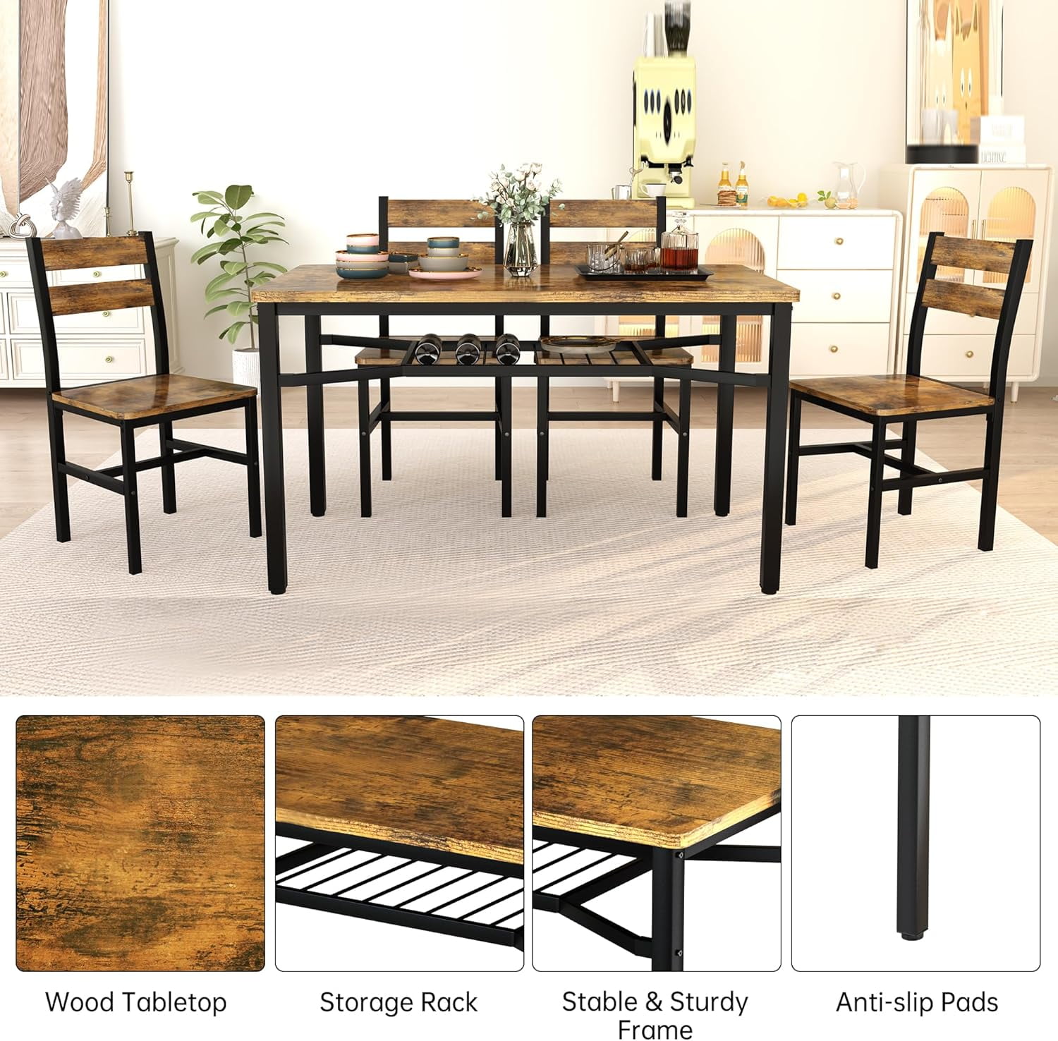 LinkRomat Dining Table Set for 4, Farmhouse Kitchen Table with 4 Wood Chairs, Dining Room Set for Breakfast Nook, Small Places, Restaurant, Brown
