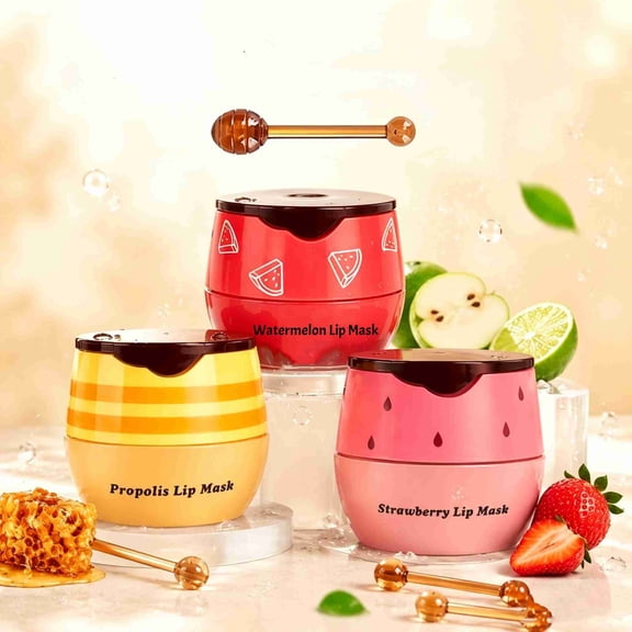 MODANU 3 Pcs Bee Lip Balm Honey Pot, Honey & Strawberry & Watermelon Mask Overnight Propolis Moisturizing Lip Balm with Stick, Hydrating Repair Lip Sleeping Mask, Prevention Dry and Cracked