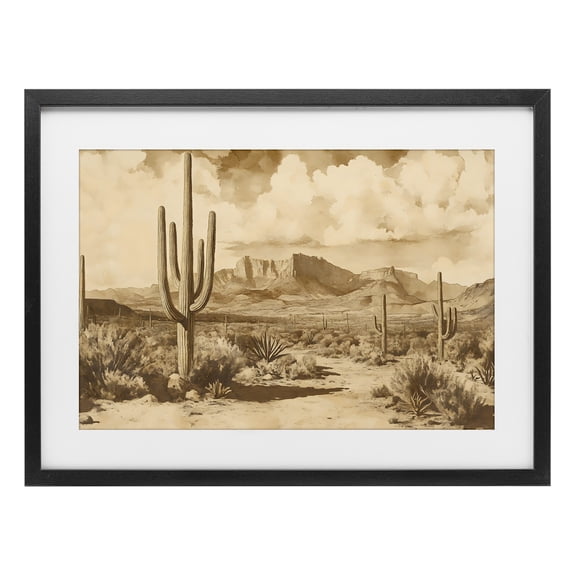 Stupell Industries Rustic Lodge Vintage Desert Peaks with Saguaro Black Framed Print Under Glass, 20 x 14, by Franklyn Gregory