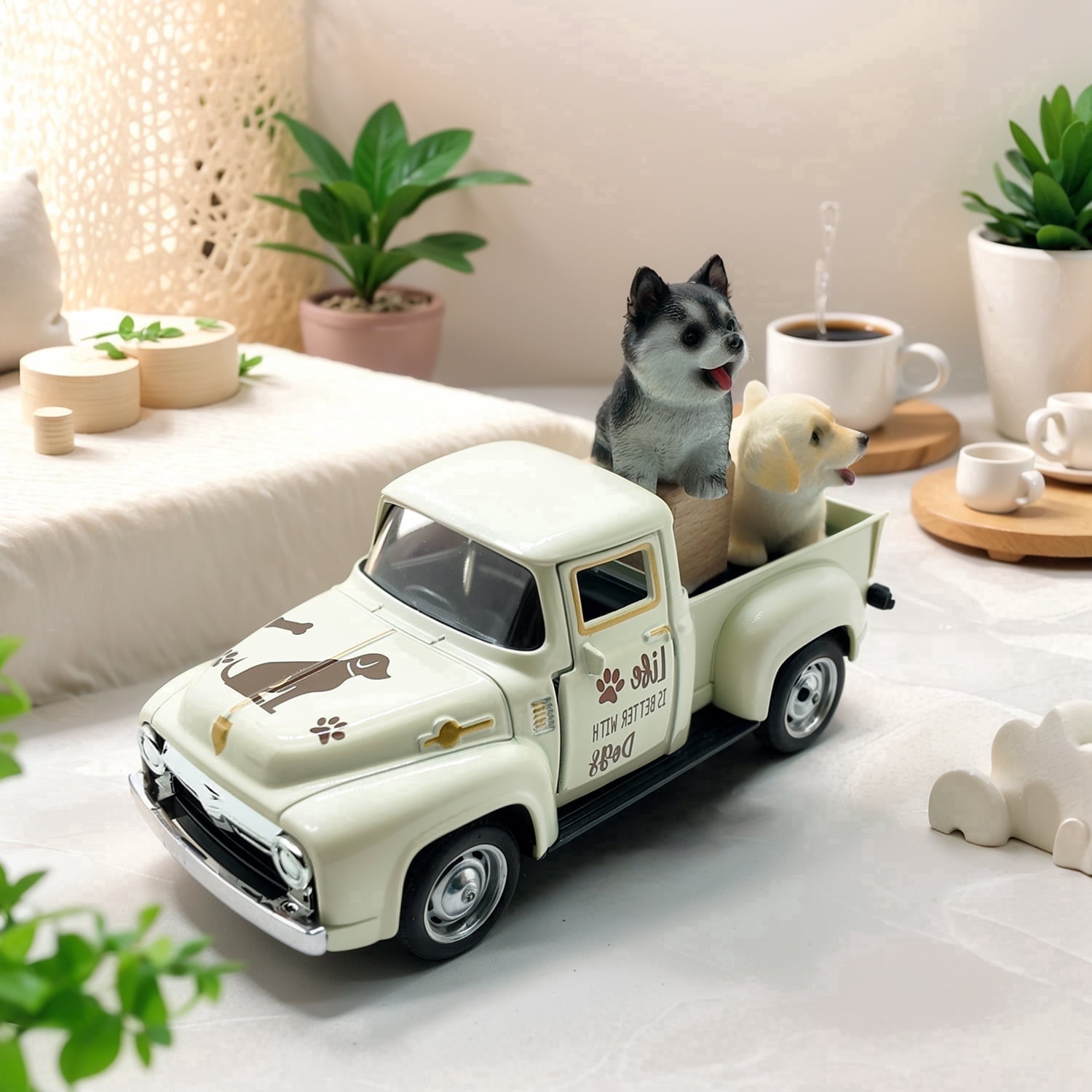 Vintage Dog Pickup Truck Table Decor, Farmhouse Tiered Tray Centerpiece with Dog Figurines for Office, Indoor Harvest Table, Birthday Gift