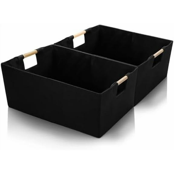 Set of 2 Black Storage Baskets, Closet Storage Bins with Wooden Handles, Foldable Rectangular Storage Baskets for Shelves, Closets, Home, Office