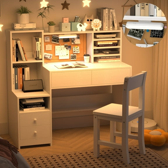 OGKBIR White Wooden Study Desk and Chair Set for Kids, Children’s Desk with Light, 4 Drawers,Storage Cabinets and Shelves, Boys & Girls Study Desk for Kidsroom
