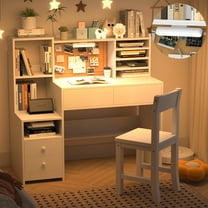 OGKBIR White Wooden Study Desk and Chair Set for Kids, Children’s Desk with Light, 4 Drawers,Storage Cabinets and Shelves, Boys & Girls Study Desk for Kidsroom