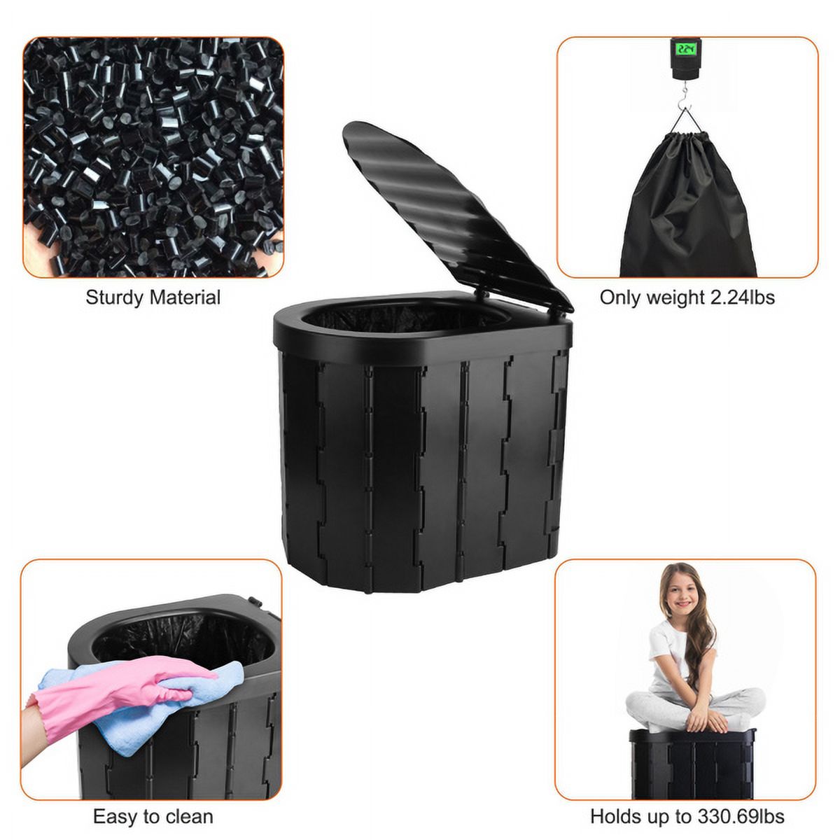 Portable Camping Toilet for Adults - Foldable Black ABS Toilet with Lid, Carry Bag & 1 Roll Garbage Bags, 330lbs Capacity