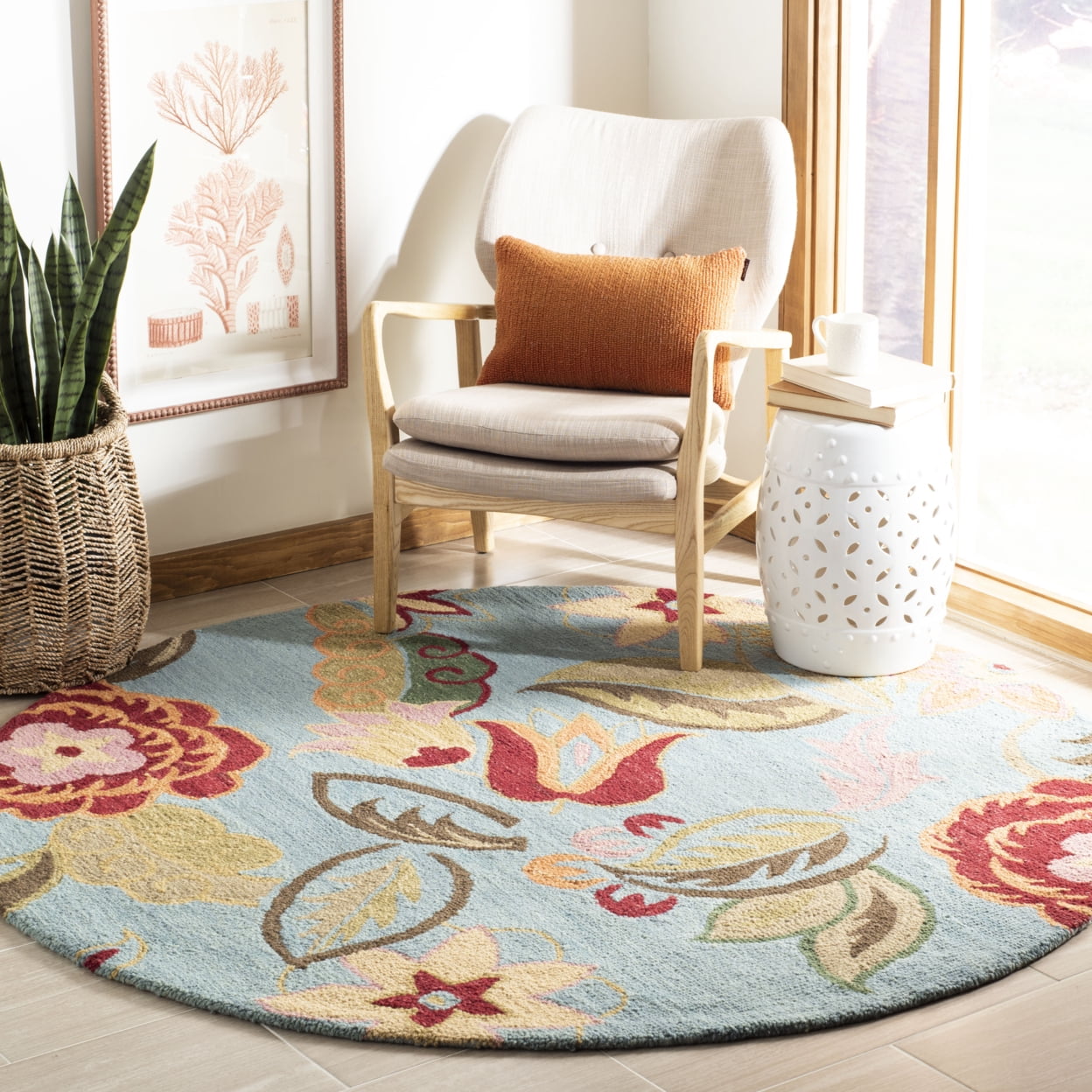 SAFAVIEH Blossom Mia Floral Flowers Wool Area Rug, Blue/Multi, 6' x 6' Square