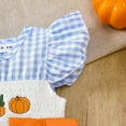 thumbnail image 5 of LIIPEE Girls Boys Onesie Halloween Pumpkin Embroidery Fly Sleeve Round Neck Bowknot Plaid Bodysuit Toddler Casual Birthday One-Pieces,Sky Blue,0-3 Months, 5 of 9