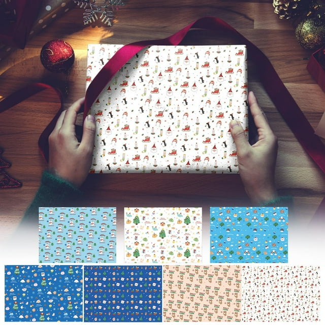 Juego de papel de regalo navideño de 6 piezas • rollos sobredimensionados de 70 x 50 cm • Diseños de muñeco de nieve y árbol • Verde menta y azul • Fabricado en EE. UU.