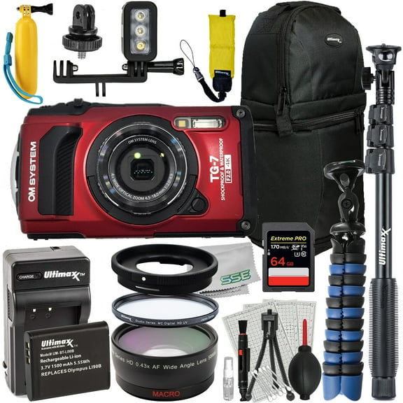 Ultimaxx Deluxe Water OM SYSTEM Tough TG-7 Digital Camera Bundle (Red) - Includes: 64GB Extreme Pro Memory Card, Replacement Battery & Much More (23pc Bundle)