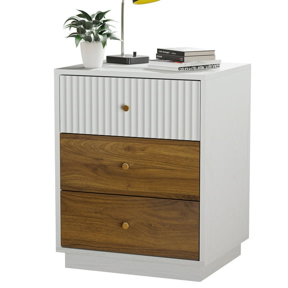 Fluted Nightstand with 3 Storage Drawers, 23.6" Tall Modern Bedside Table with Metal Handles, White Wood End Table for Bedroom