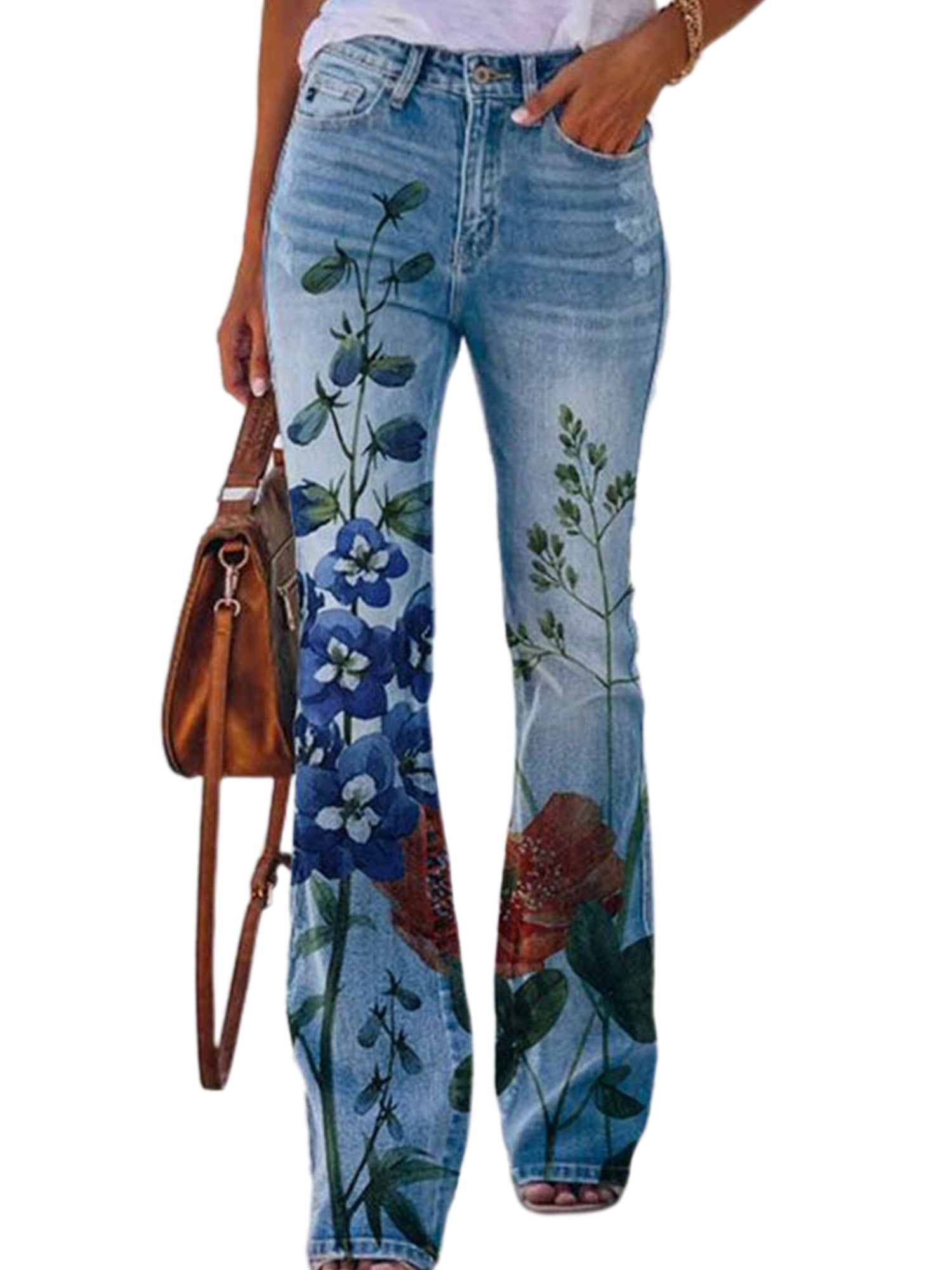 Haite Ladies Harem Straight Leg Jeans Stretch Floral Print Trousers ...