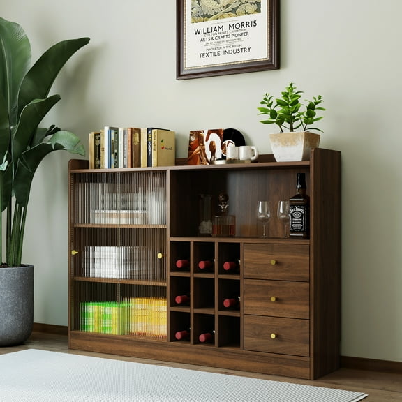 Noble House Sideboard Cabinet, Sliding Striped Glass Doors, Freestanding Countertop Storage & Wine Organizer, Walnut