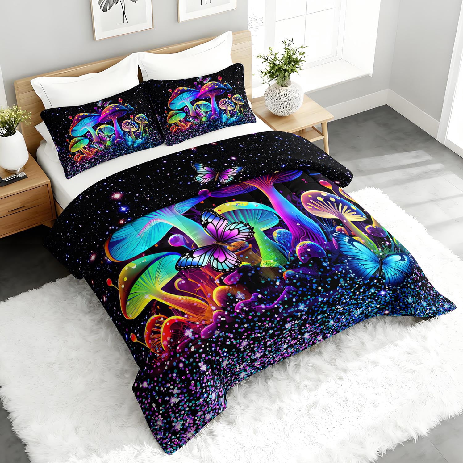 3pcs Psychedelic Mushroom Comforter Set, Neon Glow Bedding Set for Bedroom or Guest Room Decor, All Seasons Quilt Machine Washable Duvet with 2 Pillowcases