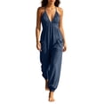 thumbnail image 2 of Women's Deep V-Neck Jumpsuit, Sleeveless With Fold Pocket & Back Ties, Ankle Strap Long Pants For Elegant Evening Look Dark Blue M, 2 of 6