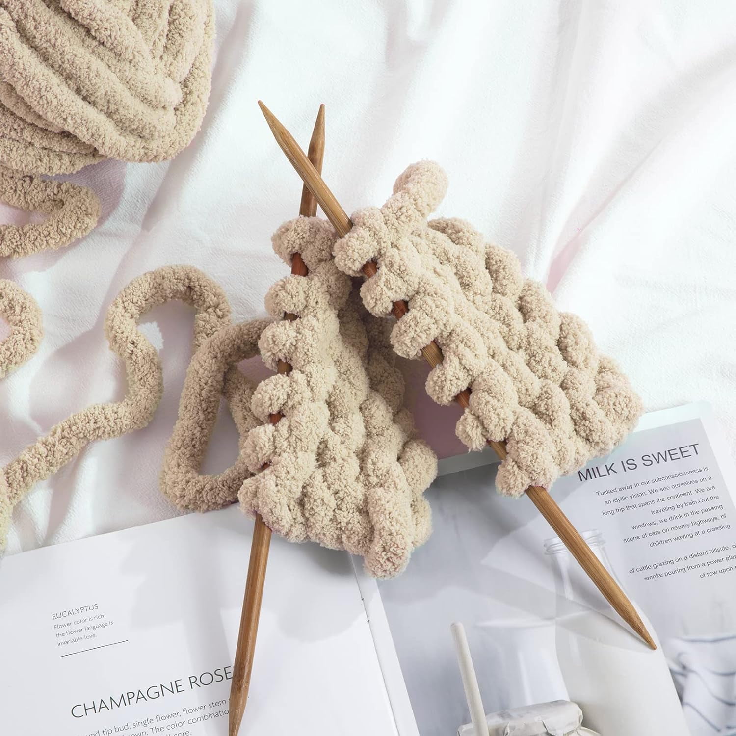 2 Pack Chunky Chenille Yarn for Crocheting, Bulky Thick Fluffy Yarn for Knitting, Bulky Chunky Yarn for Hand Knitting Blanket, Super Soft Plush Yarn (27yds Each Skein)-Khaki