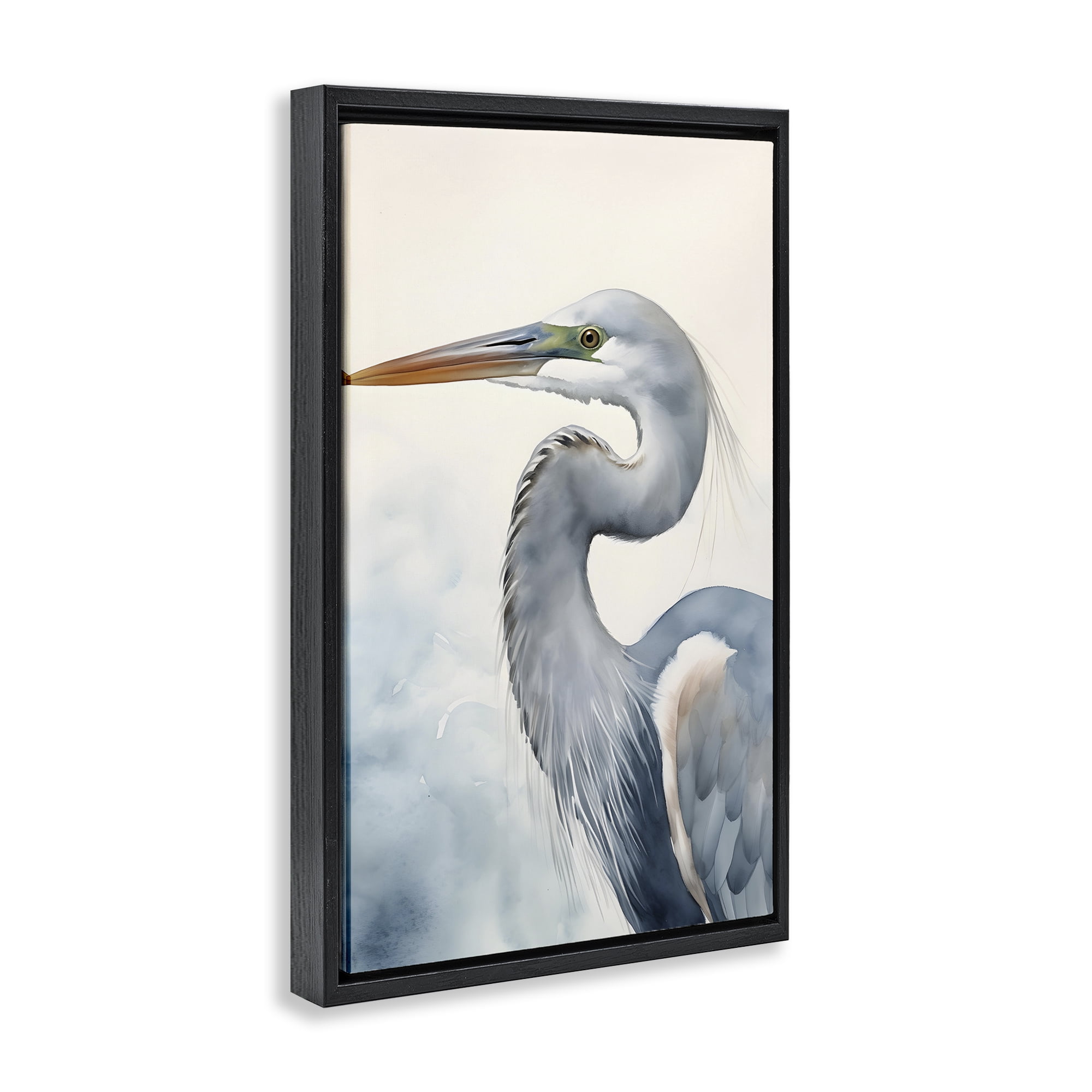 Stupell Industries Quiet Heron Looking Left Animals & Insects Painting Black Floater Framed Canvas Art Print Wall Art, 17 x 25