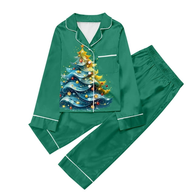 WEAIXIMIUNG Children's Christmas Print Long Sleeve Trousers Cardigan Children's Pyjamas Two Sets 11-12 Years