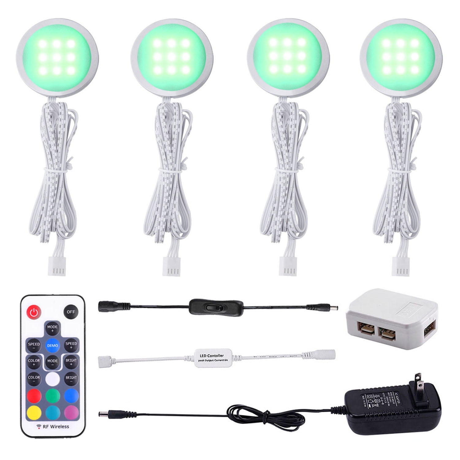 RGB Color Changing LED Under Cabinet Lights Kit - Slim Aluminum Multi-Color Puck Lights for Kitchen Counter, Furniture, and Holiday Decor (Set of 4)
