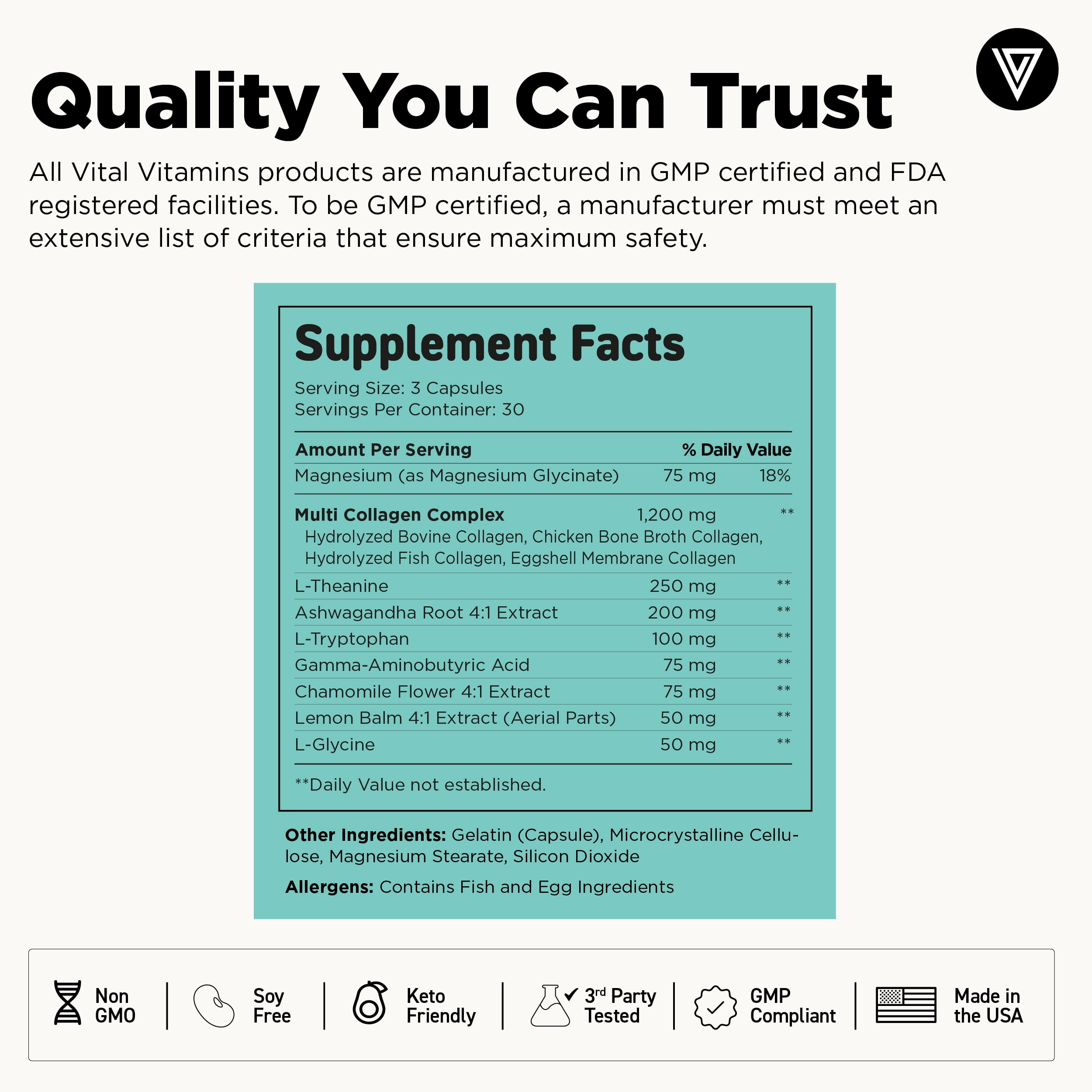 Vital Vitamins Multi Collagen Complex + Calm - 5 Collagen Types (I, II, III, V & X) for Skin, Hair, Nails & Joints - L-Theanine, Ashwagandha & Magnesium Glycinate - Melatonin-Free Relaxation - 90 Ct