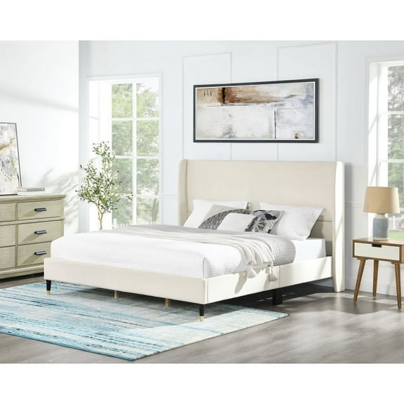 Rozitta Beige Velvet Wingback Platform Bed, King