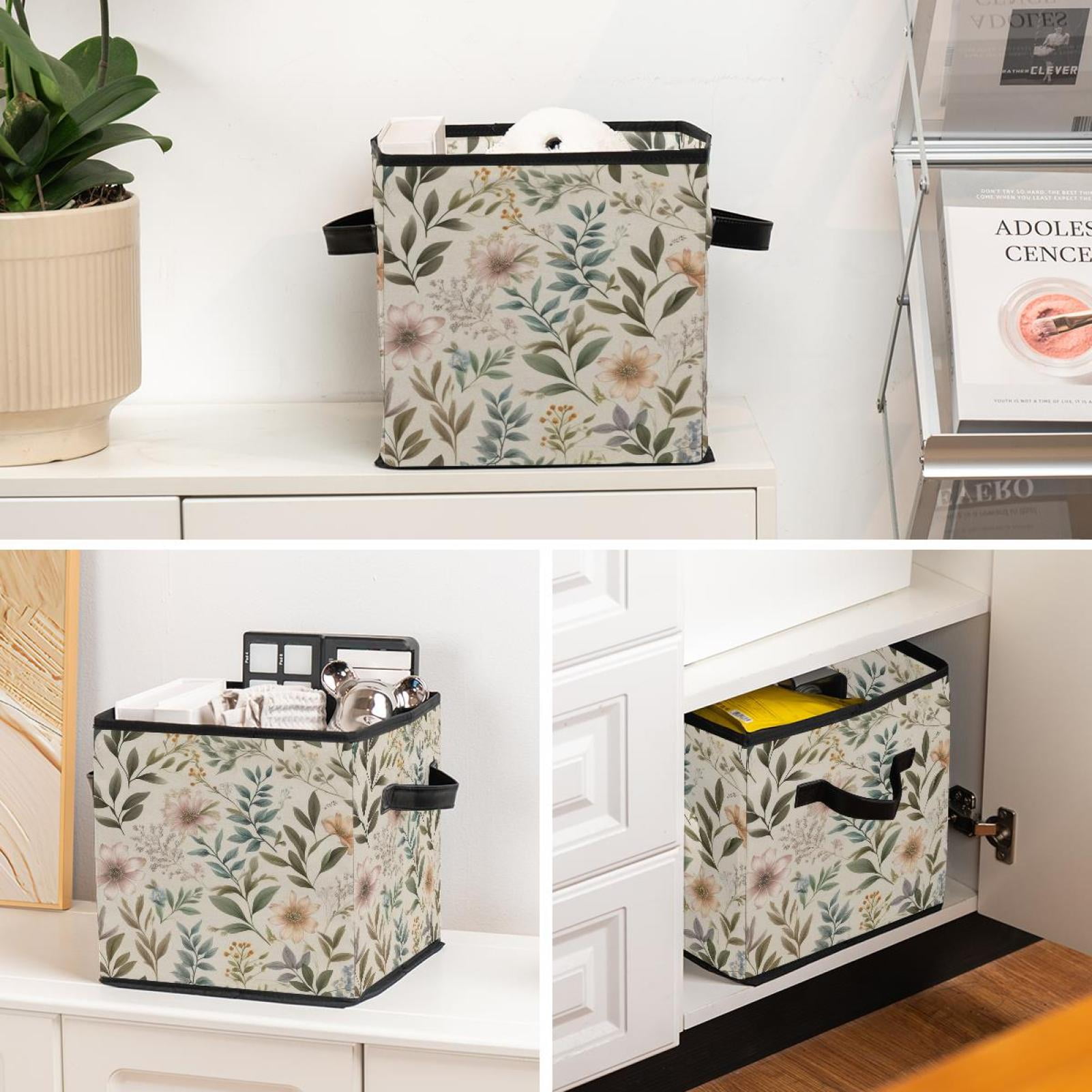 RATGDN Collapsible Fabric Cube Storage Bin with Double Handles for Living Room Bedroom Office Black - Faded Floral Specimens