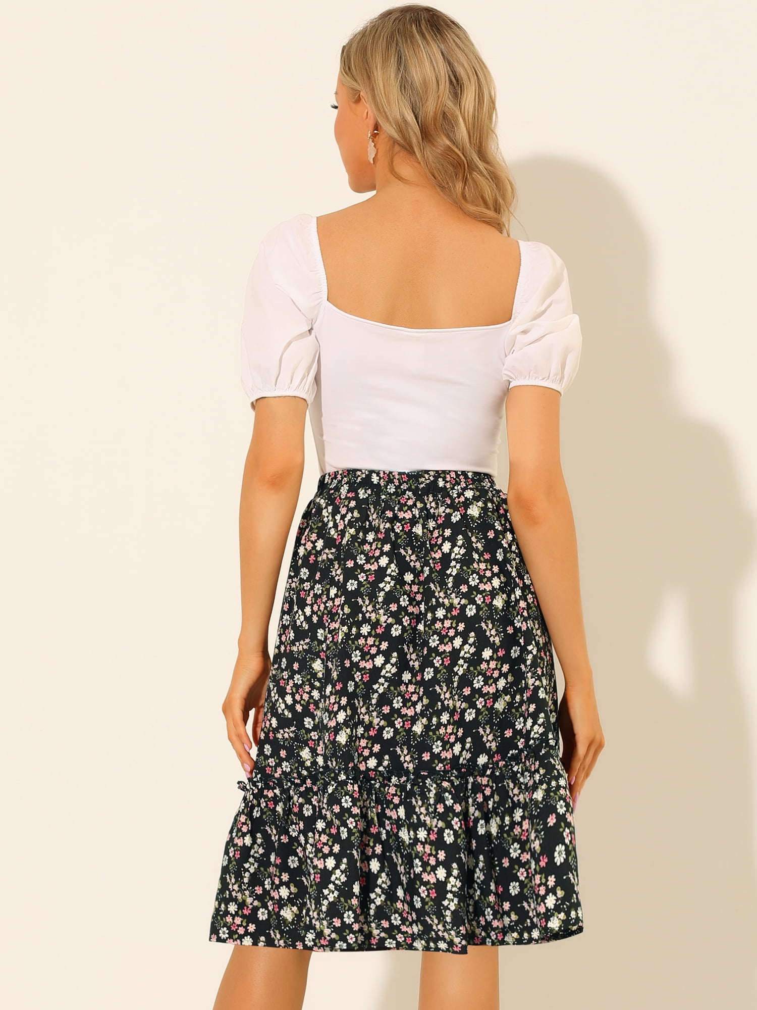 DARING DIVA Women's Flowy Ruffle Hem Tiered Floral Midi Skirt 2XL Black