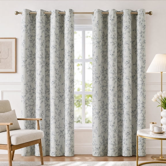 LANTINGSHENG 100% Blackout Curtain for Living Room Bedroom,Grommet Top Thermal Insulated Blue Floral Printed,56"W x 84"L,2 Panels