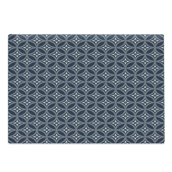 Geometric Cutting Board, Inspired Floral Design Interlocking Circles Pattern Flower, Decorative Tempered Glass Cutting and Serving Board, Large Size, Dark Blue Cream, by Ambesonne