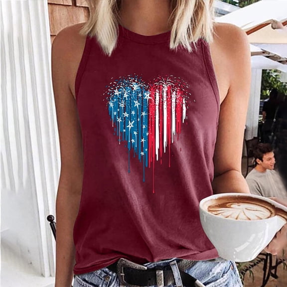 DailyTrove Women's Watercolor American Flag Heart Tank Top - Polyester Patriotic Casual Wear, Artistic for Outings