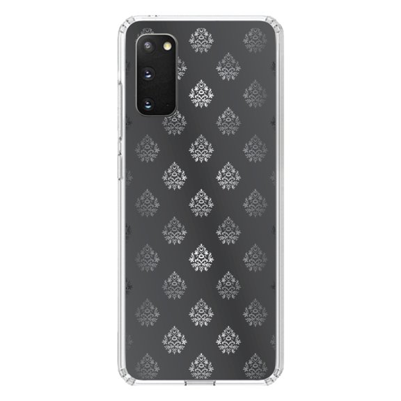DistinctInk Clear Shockproof Hybrid Case for Galaxy S20 ULTRA / 5G (6.9" Screen) - TPU Bumper, Acrylic Back, Tempered Glass Screen Protector - Silver Grey Black White Damask - Floral Damask Pattern