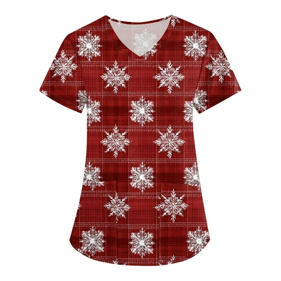 HaHaHappy Women's Christmas Scrubs Plus Size V Neck Cute Snowflake Print Scrub Shirts Casual Short Sleeve Funny Scrub Tops Nurse Uniform Medical Nursing Workwear with Pocket Vermilion 3XL